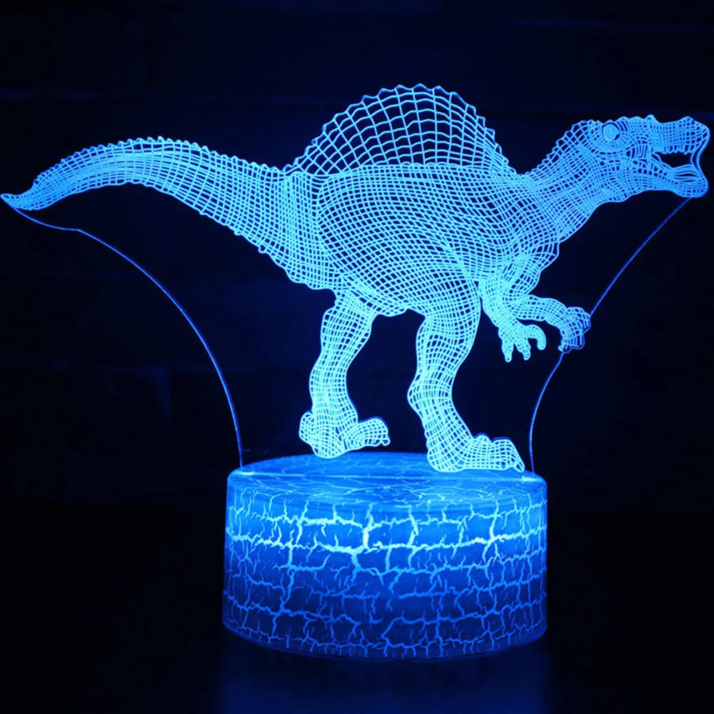 Colourful dinosaur 3D LED night light with remote control on a desk