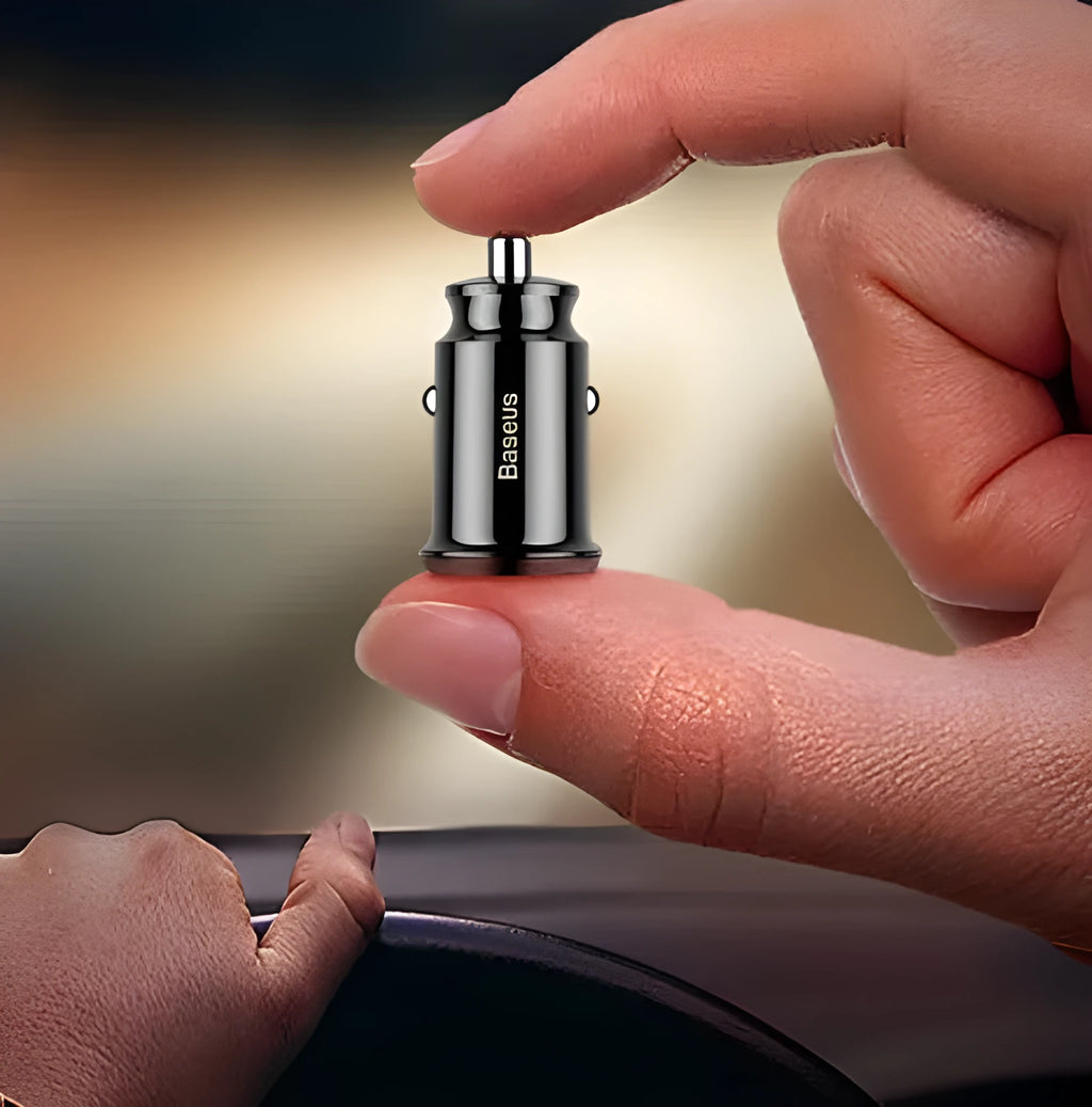 BASEUS mini dual USB car charger black front view with two USB ports and compact body