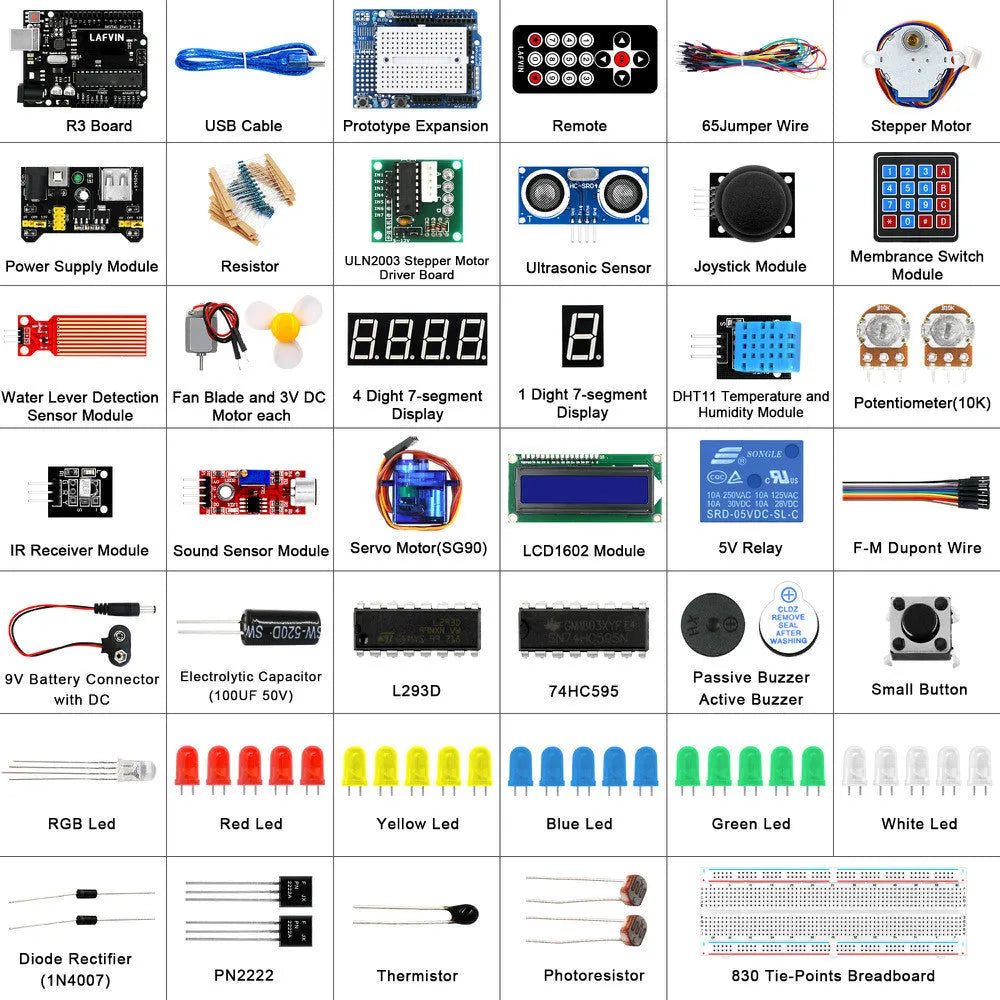 LAFVIN Arduino UNO R3 Super Starter Kit with blue board, breadboard, jumper wires, sensors, and motors laid out.