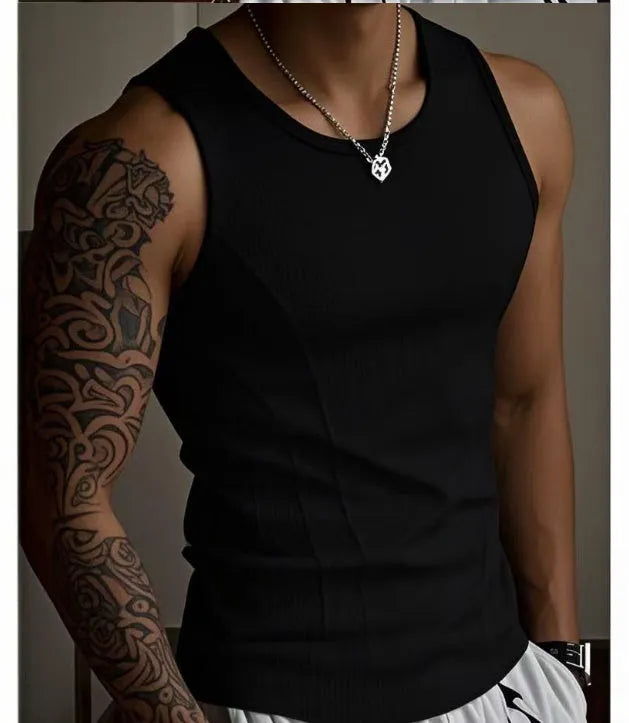 Men's black tight-fitting I-shaped polyester tank top vest on a white background.