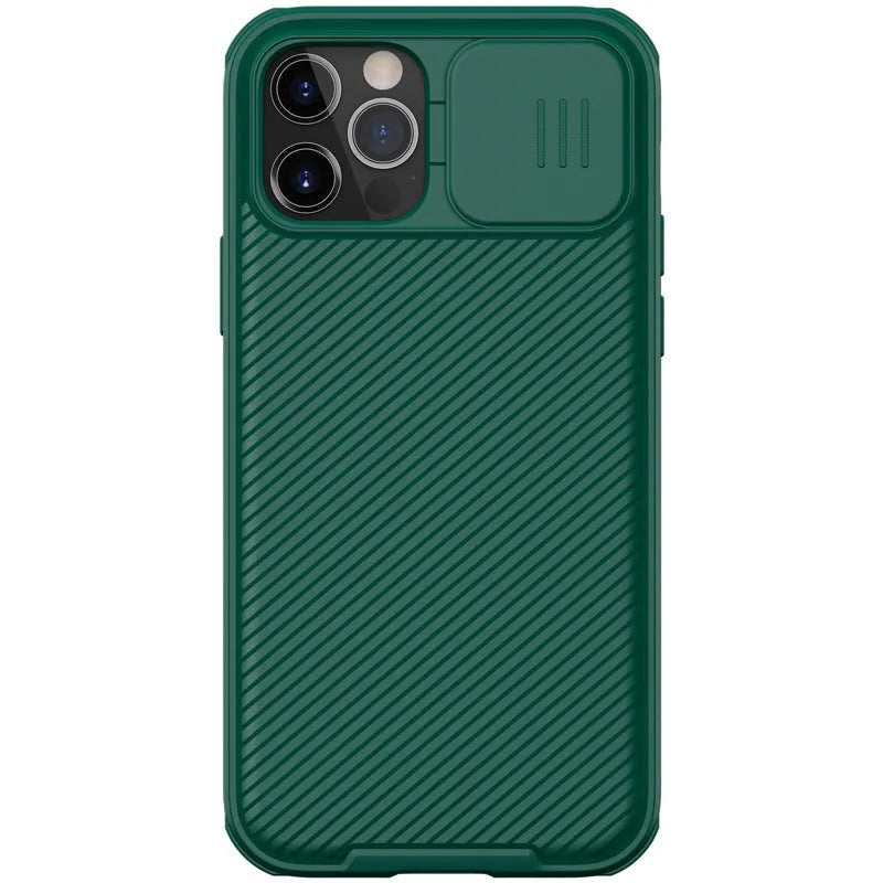 Nillkin Black Mirror solid colour phone case for iPhone 12 Pro with sliding camera lens cover in blue.