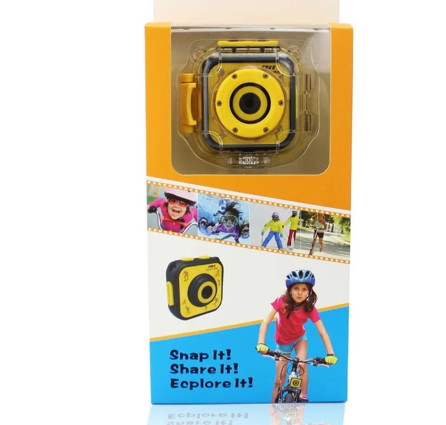 Yellow children's waterproof sports camera with 1.77-inch screen showing 5MP photo resolution and HD video recording