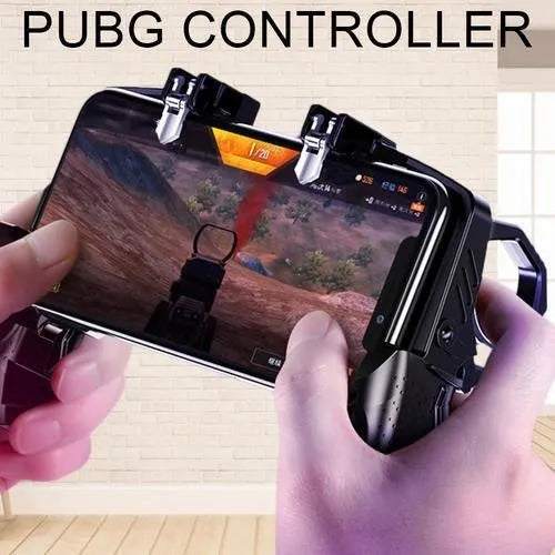 Black multi-function gamepad controller with integrated mobile phone holder for smartphones.