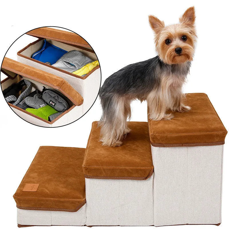 Foldable pet dog stairs in brown flannel and cotton with a cloth storage box underneath