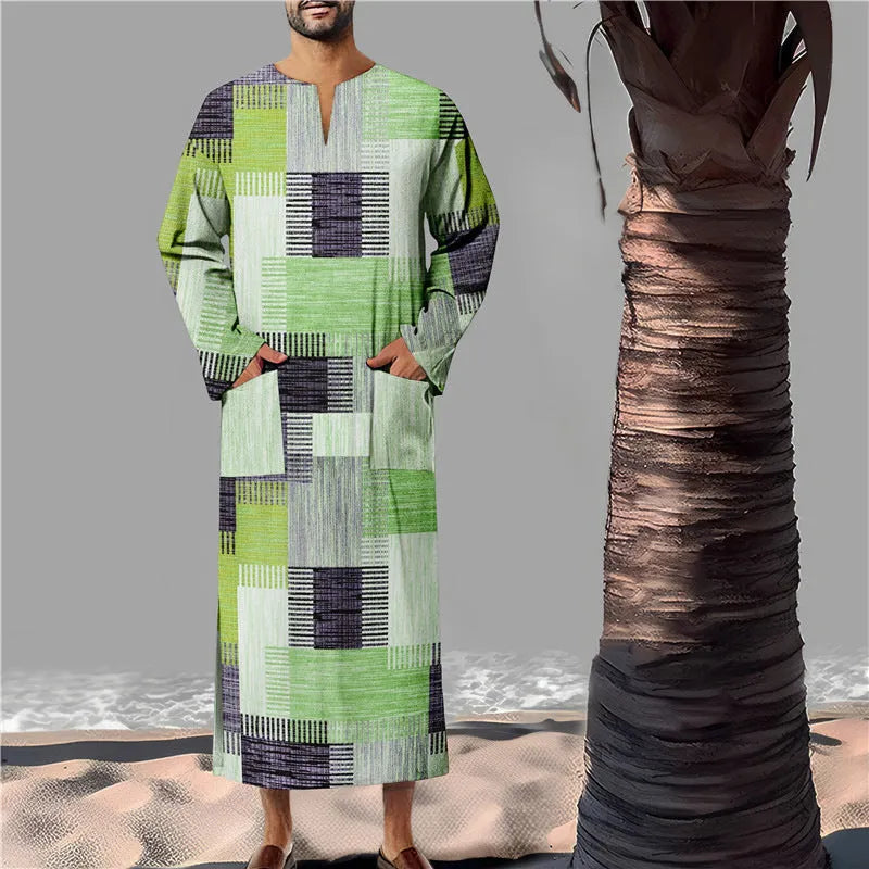 Men's long Arabic robe in bamboo linen, loose colour matching sweater style, sizes S to XXXL