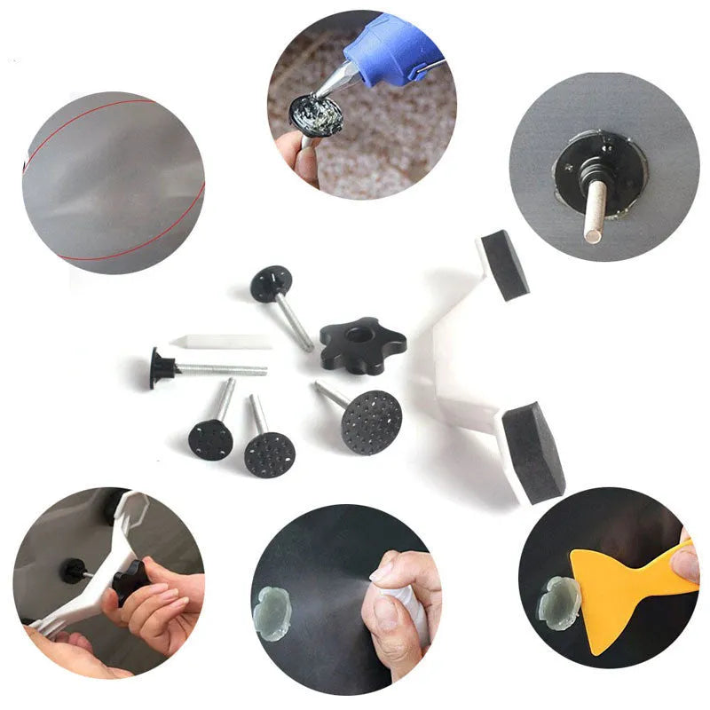 White automotive dent repair kit with five approach bridges and 20W glue gun on workshop bench