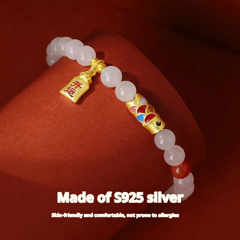 Hetian jade bracelet with koi fish design in S925 sterling silver setting