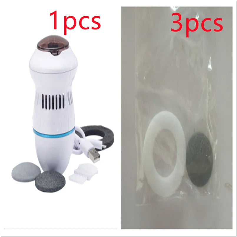 Beige and white electric foot file grinder with USB cable and two diamond grinding heads on a plain background