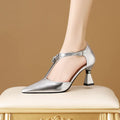 Gold genuine leather women's sandals with hollowed pattern and pointed toe design on TPR sole