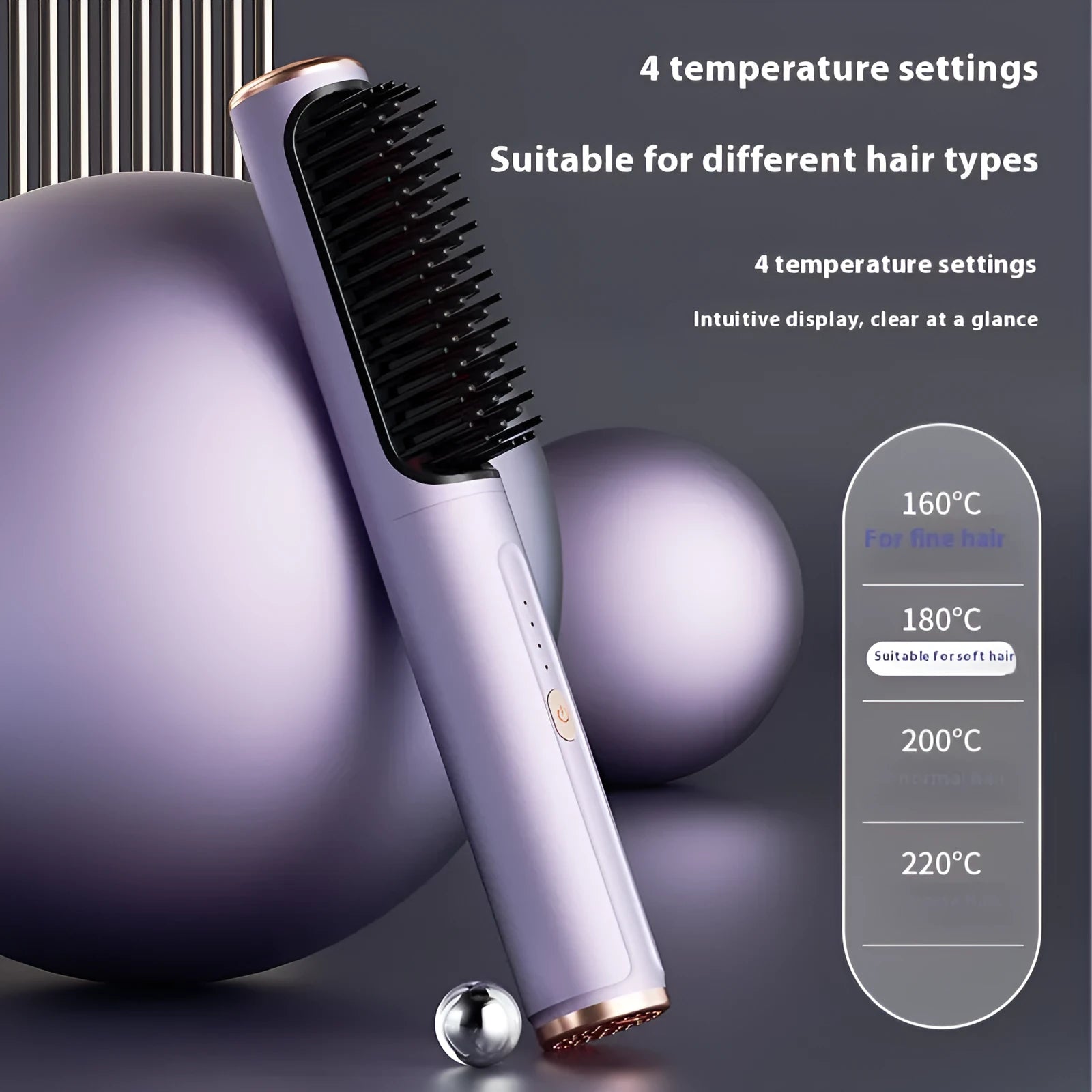Wireless straightening and curling comb in rose gold colour with multiple international power plug adaptors.