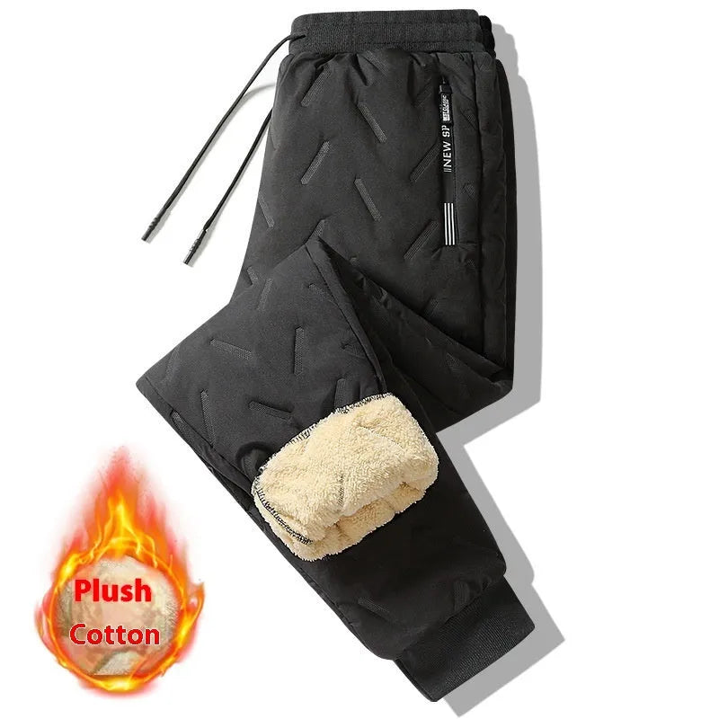 Men's black thermal sweatpants with plush fleece lambswool lining, straight leg, sizes L to 7XL