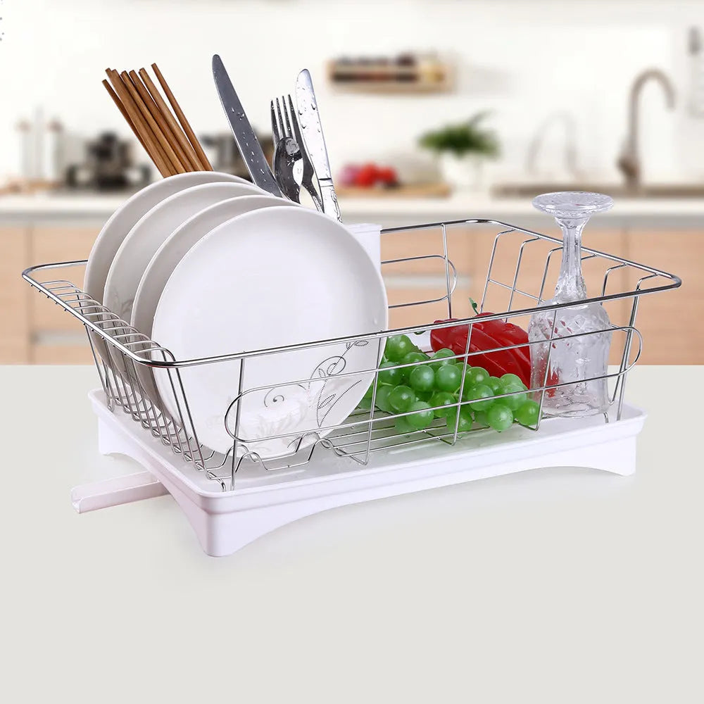 Black stainless steel counter top dish drying rack with plastic drain board and cutlery holder