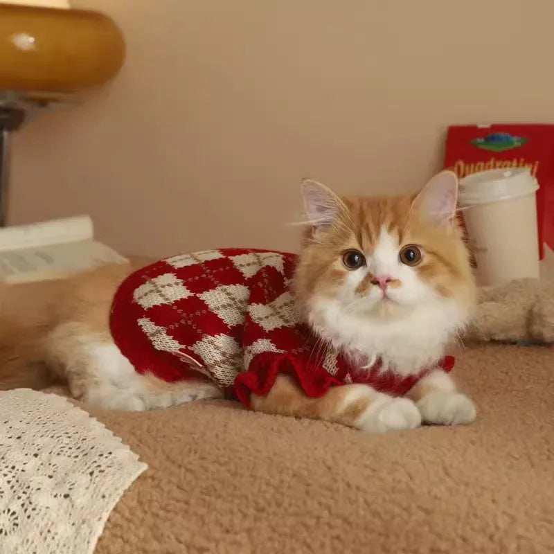 Red pet sweater with cherry diamond embroidery for dogs and cats in multiple sizes