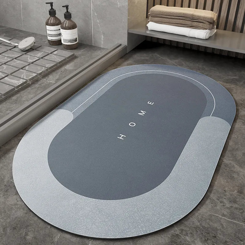 Cushioned bathroom floor mat with non-slip backing in blue colour showing oval shape on bathroom tiles