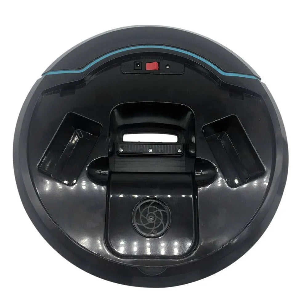 Smart robot vacuum cleaner in black on a hard floor, 22.8 x 22.8 x 7 cm, with ABS body and USB charging cable
