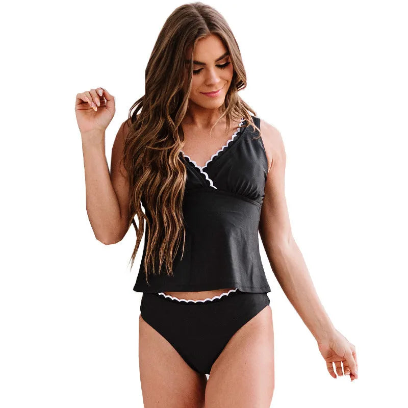 Black women's one-piece split swimsuit in nylon fabric with sleeveless design