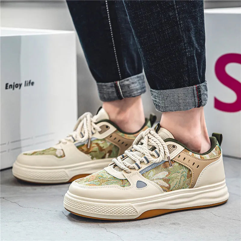 Men's beige and green canvas casual shoes with flat heel and round toe on white background