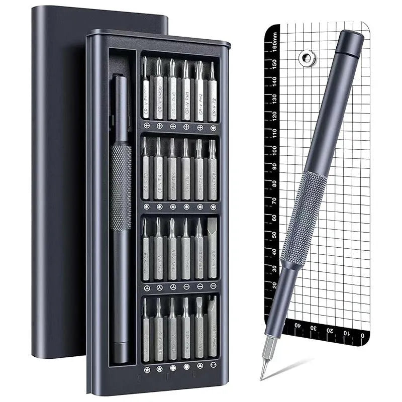 25-in-one precision screwdriver set with knurled black handle and magnetic tip.