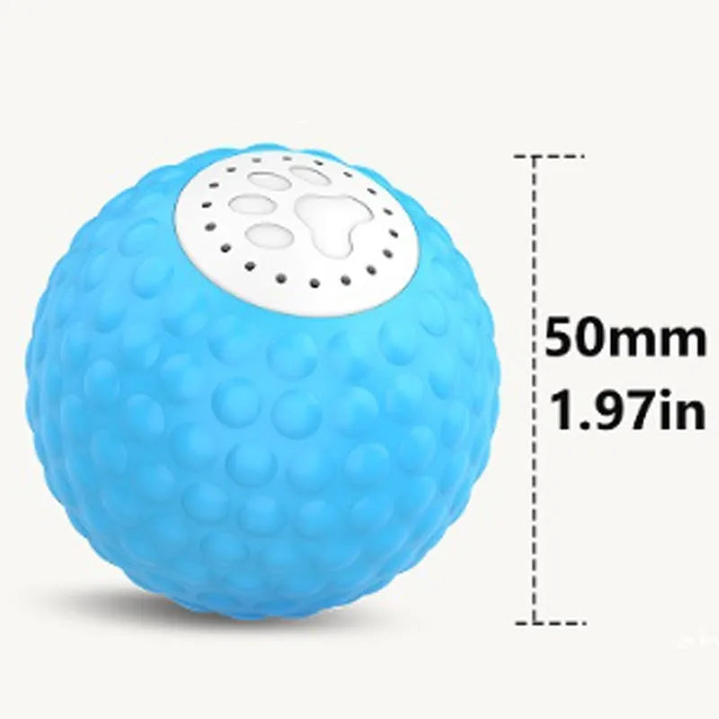 Blue remote control cat ball toy on a carpet next to its handheld remote.
