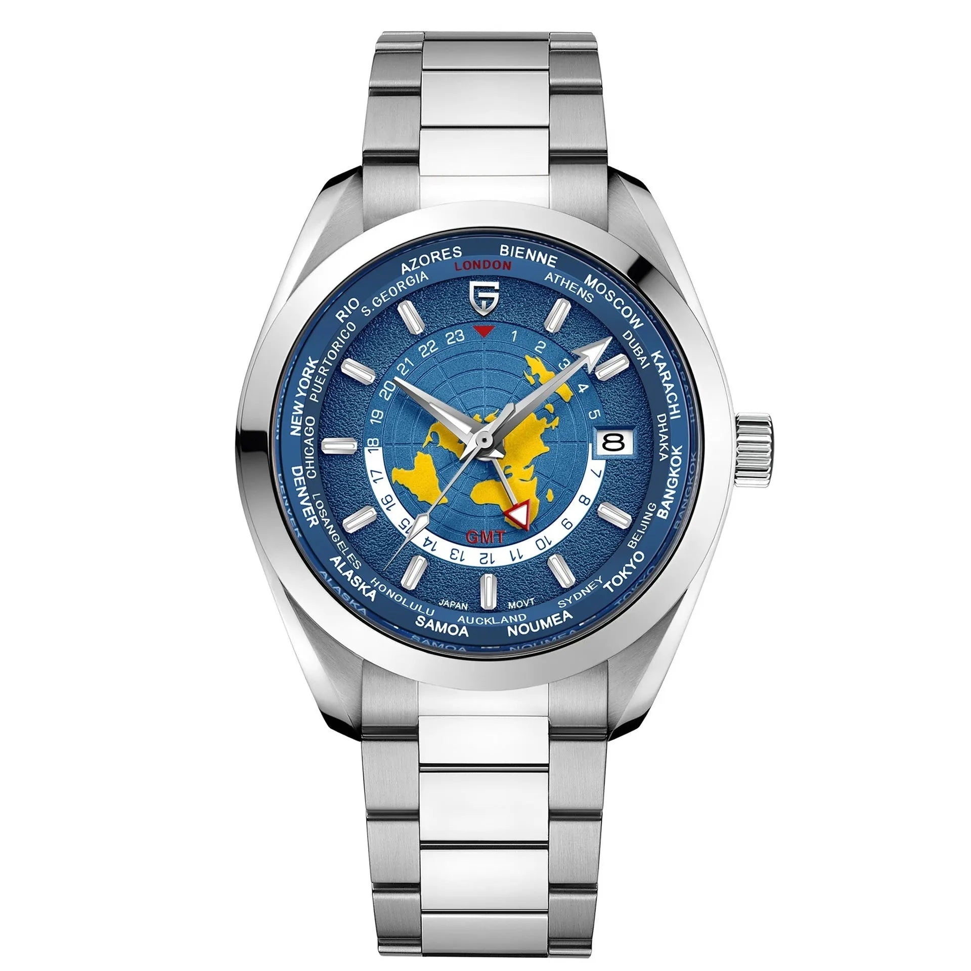 Men's mechanical GMT dual time zone watch with 40mm dial, sapphire crystal glass, and stainless steel buckle, blue dial