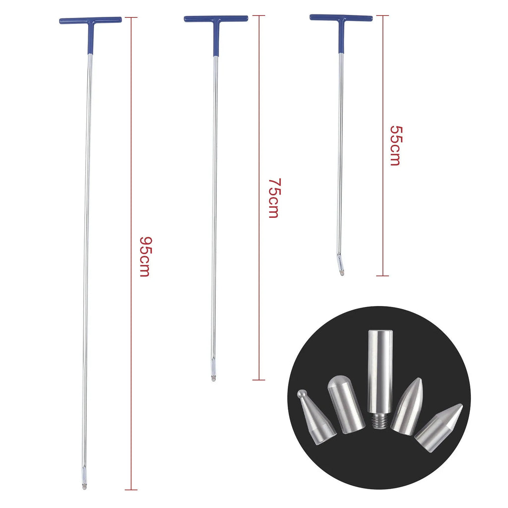 Three alloy steel car dent repair crowbars and hooks on a workshop bench.