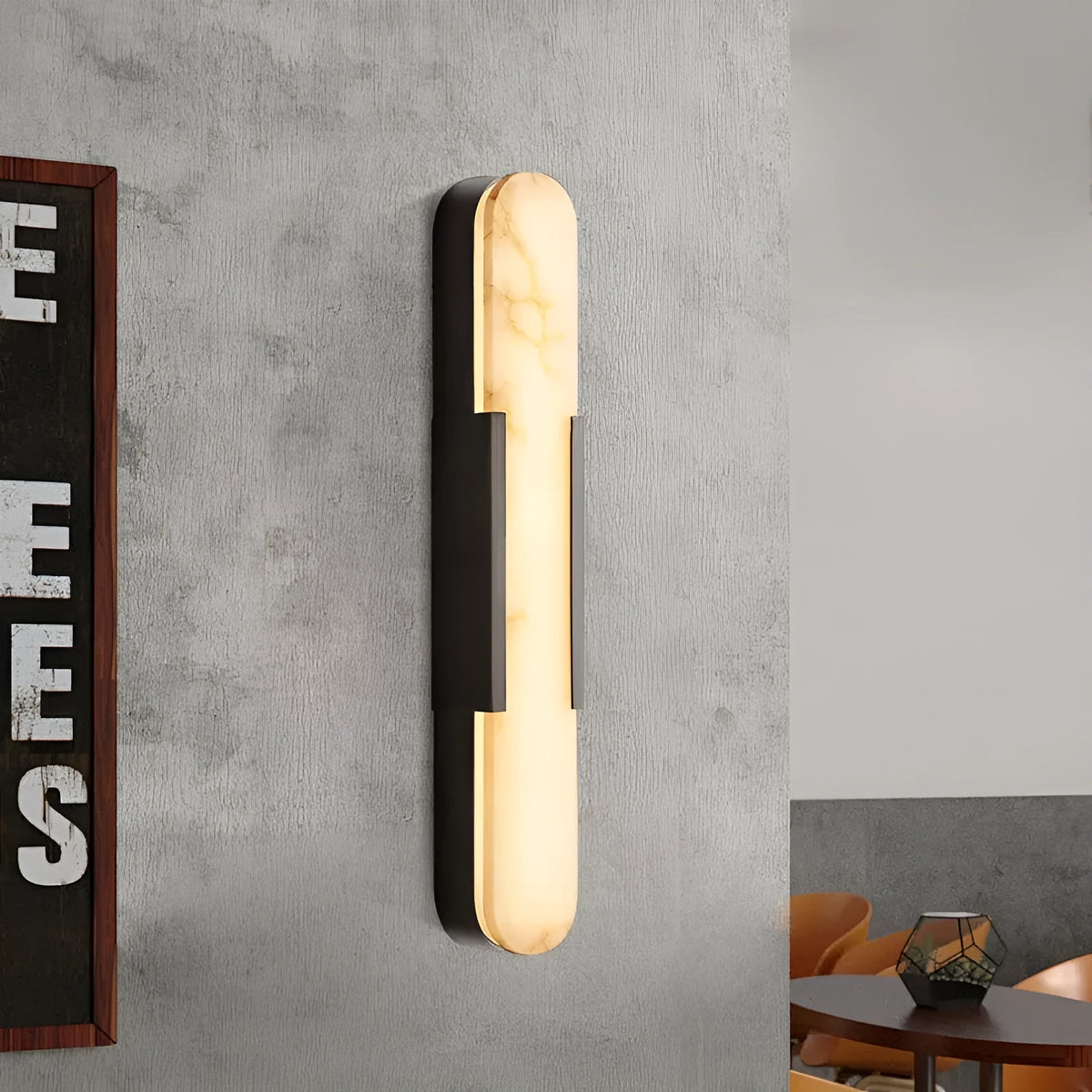 Modern natural marble stone wall lamp with warm LED light, iron body, black finish, 35cm height, mounted on wall