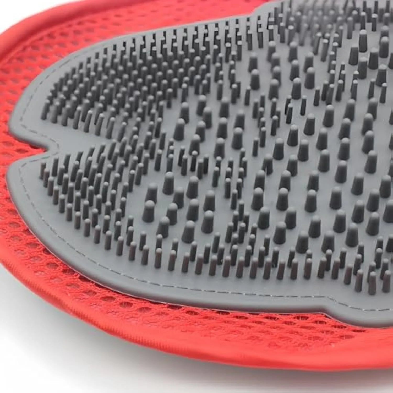 Red silicone pet bathing glove with integrated brush texture for washing dogs and cats