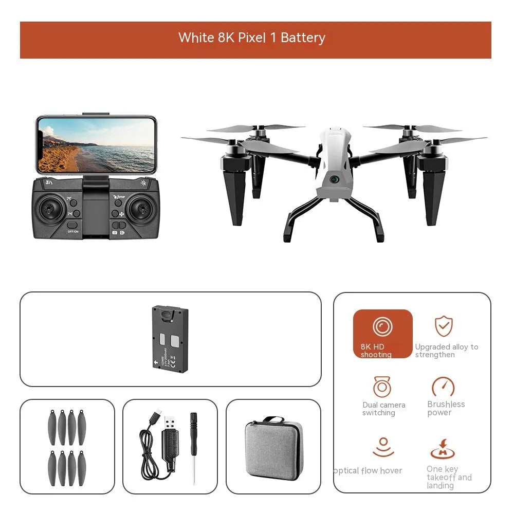 White KS66 alloy UAV drone with camera and remote control on grass, spare propellers and storage bag shown alongside.