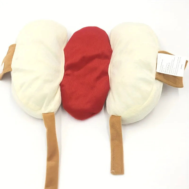 Red and yellow hot dog costume for small dog on white background