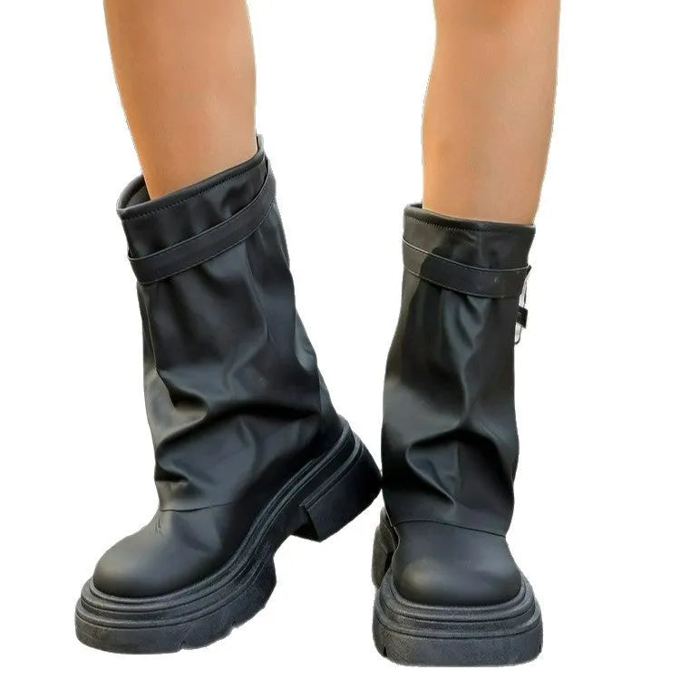 Black women's thick-soled Martin boots with side zipper, round toe, mid heel, synthetic leather upper, cotton lining
