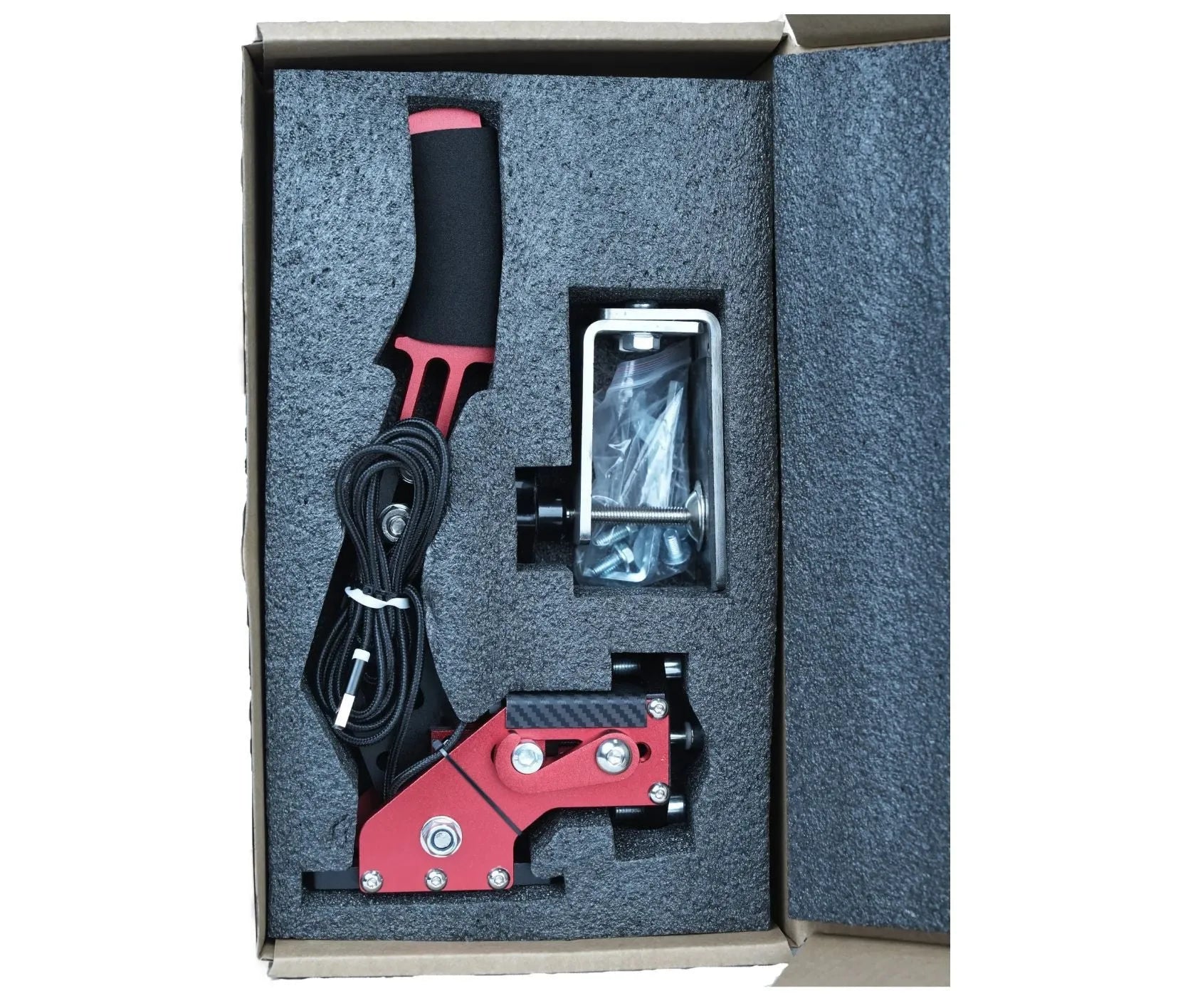 Black USB handbrake controller for PC racing games with aluminium body and desk clamp.