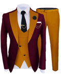 Men's slim fit cotton three-piece suit set with coat, trousers, and vest in wedding colours