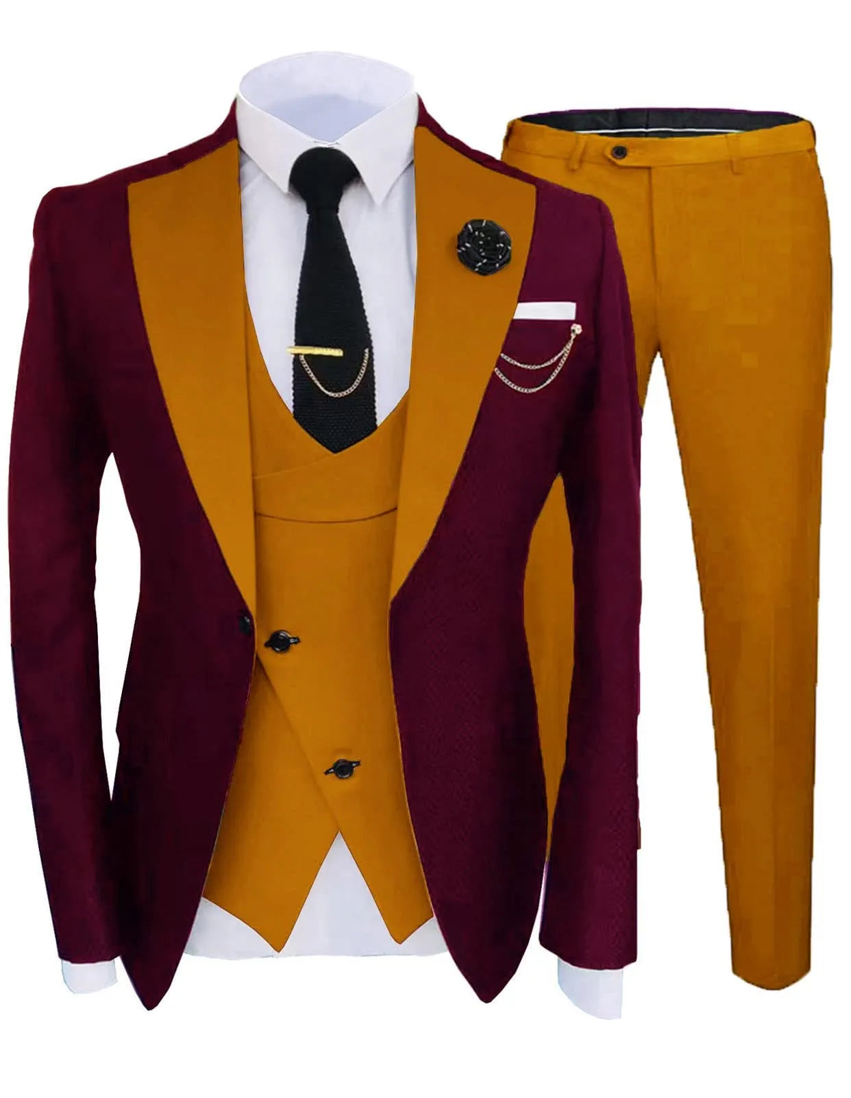 Men's slim fit cotton three-piece suit set with coat, trousers, and vest in wedding colours