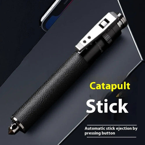 Titanium black aluminium alloy automatic spring expandable baton in collapsed and extended states.