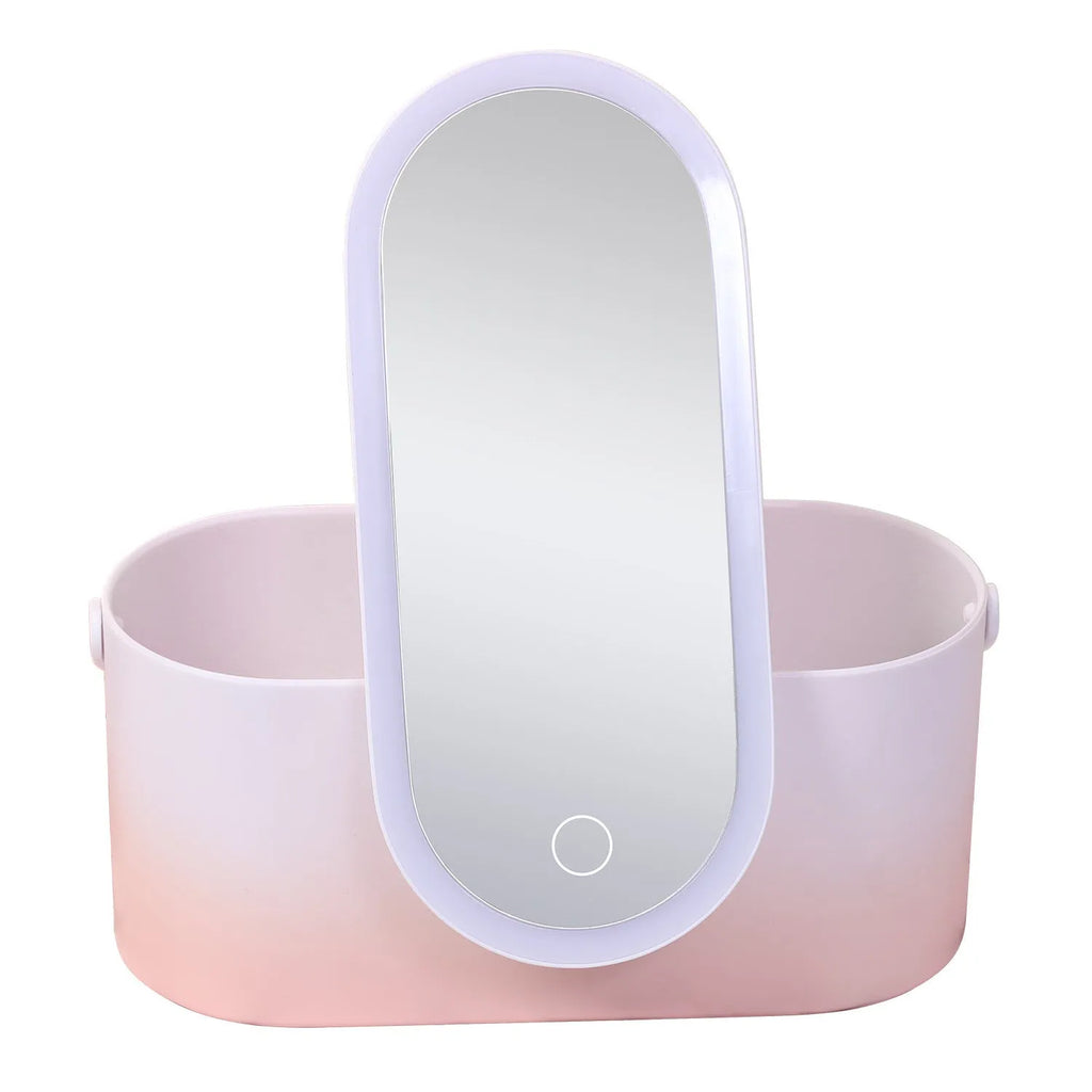 Portable pink LED makeup mirror storage box with cosmetic compartments open