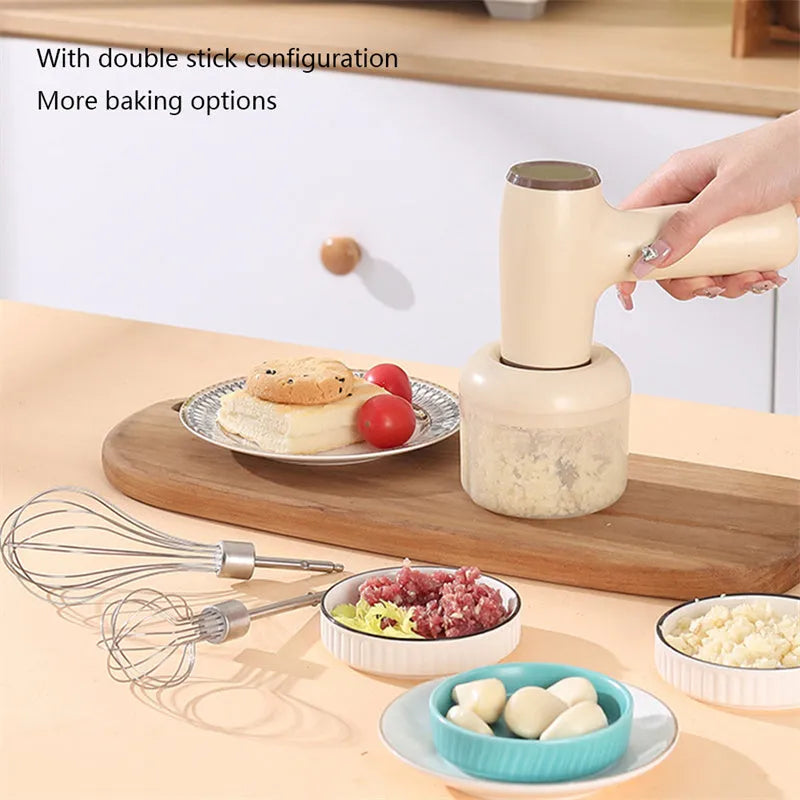 2 in 1 handheld electric garlic chopper with 304 blade, 250ml cup, USB Type-C rechargeable, khaki or beige