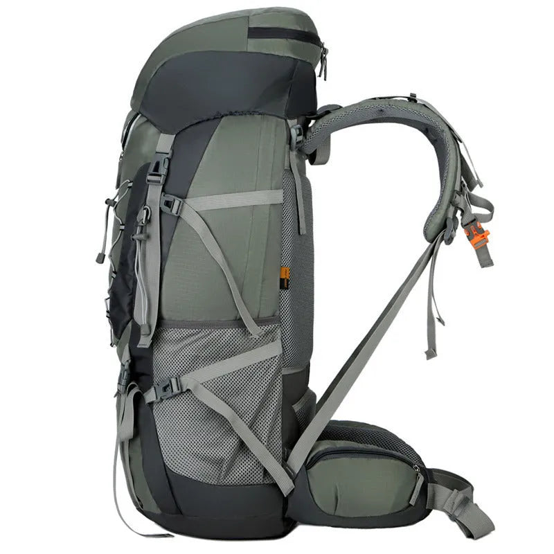 Large capacity 56-75L nylon hiking backpack in green for camping and travel