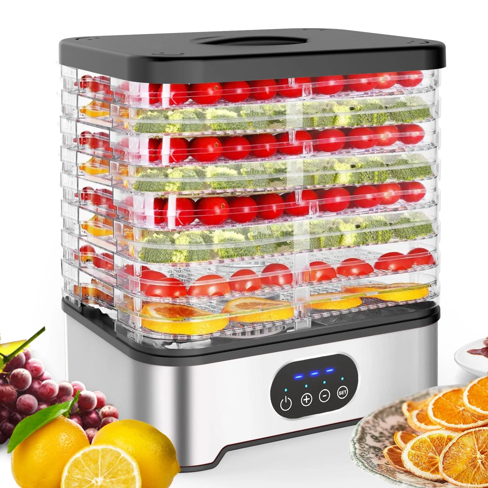 Silver and red eight-layer food dehydrator with intelligent timer control and large drying capacity