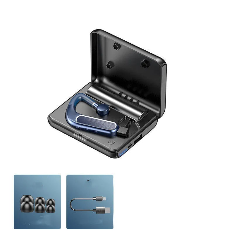 Black hanging-ear Bluetooth sports earphones shown with a charging cable and three pairs of silicone ear caps.
