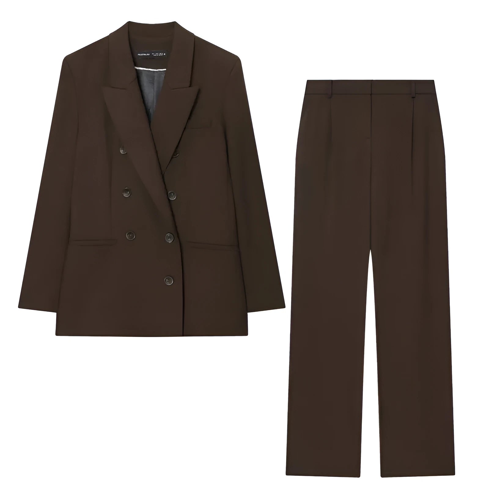 Women's pleated padded shoulder jacket and straight-leg trousers set in solid colour polyester fiber, loose fit, size S