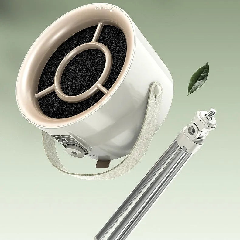 Milky white portable USB desktop exhaust fan with tripod stand and removable filter screen.