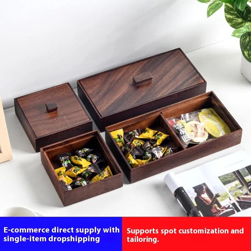 Solid wood snack candy tray in burlywood with grid options and cover for serving nuts and dried fruit