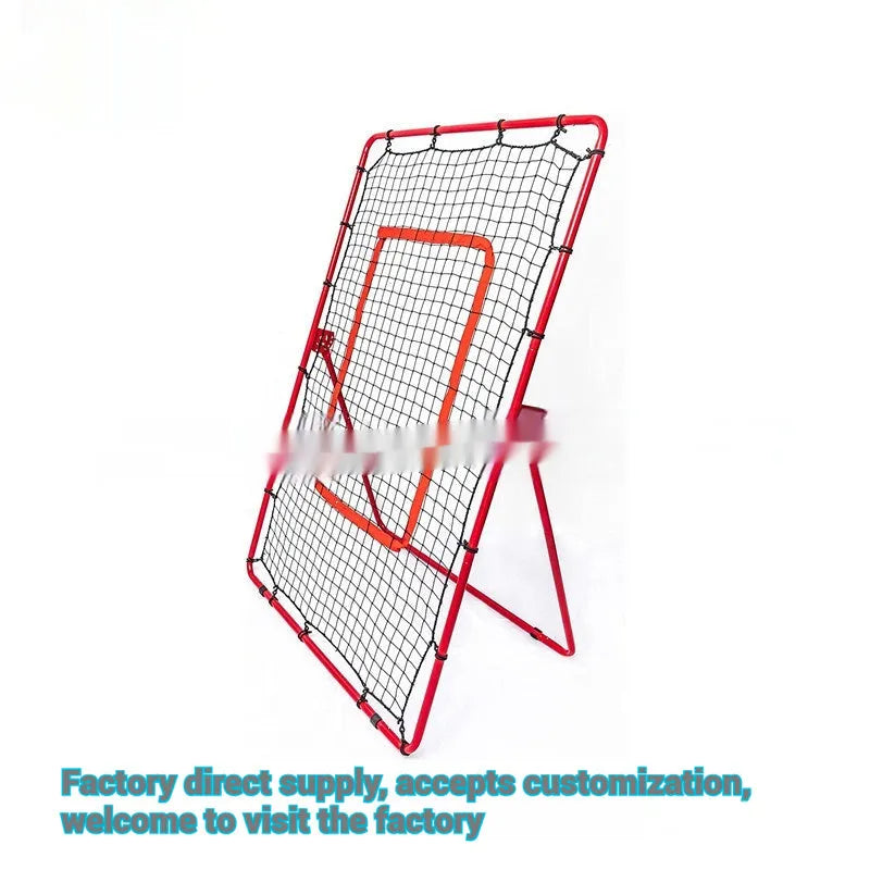 Red portable baseball training net with adjustable metal frame, folded to show its compact size.