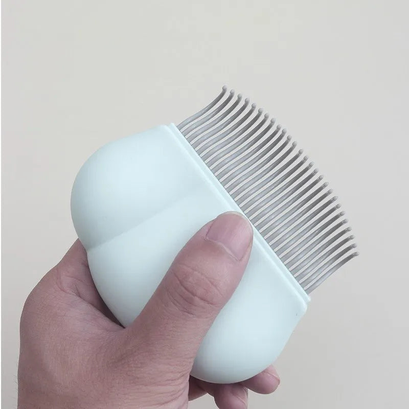 Paw Soft deshedding brush tool for pets in blue, pink, or white, showing 9cm by 9cm head.