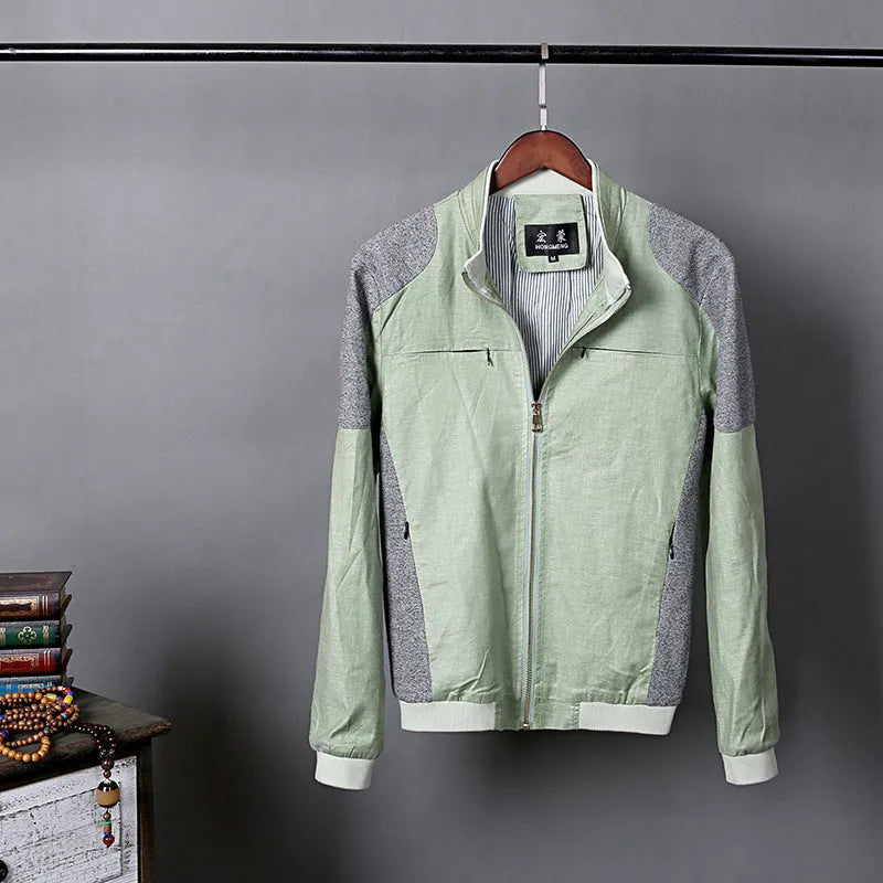 Men's thin linen jacket in cotton fabric showing regular fit with heather grey, grass green and blue colour options