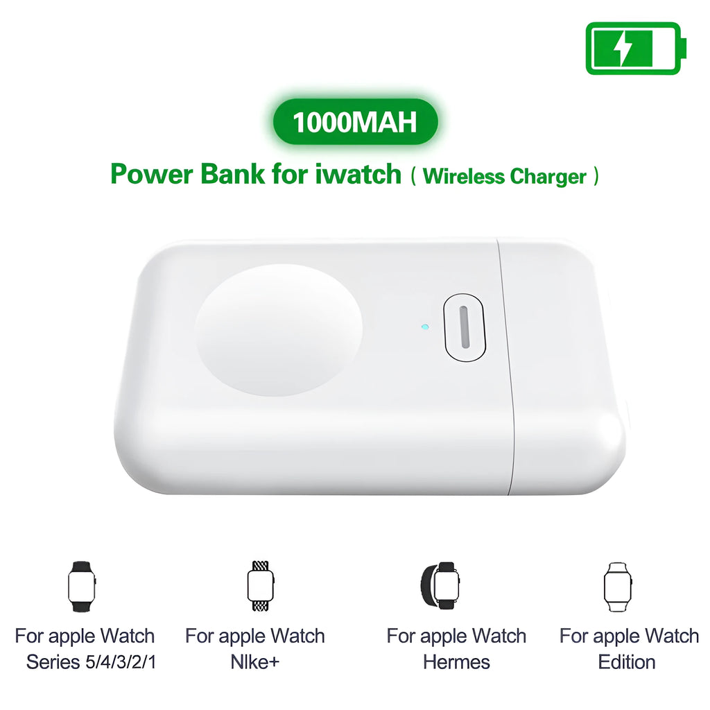 White wireless magnetic portable charger power bank for Apple Watch next to a watch
