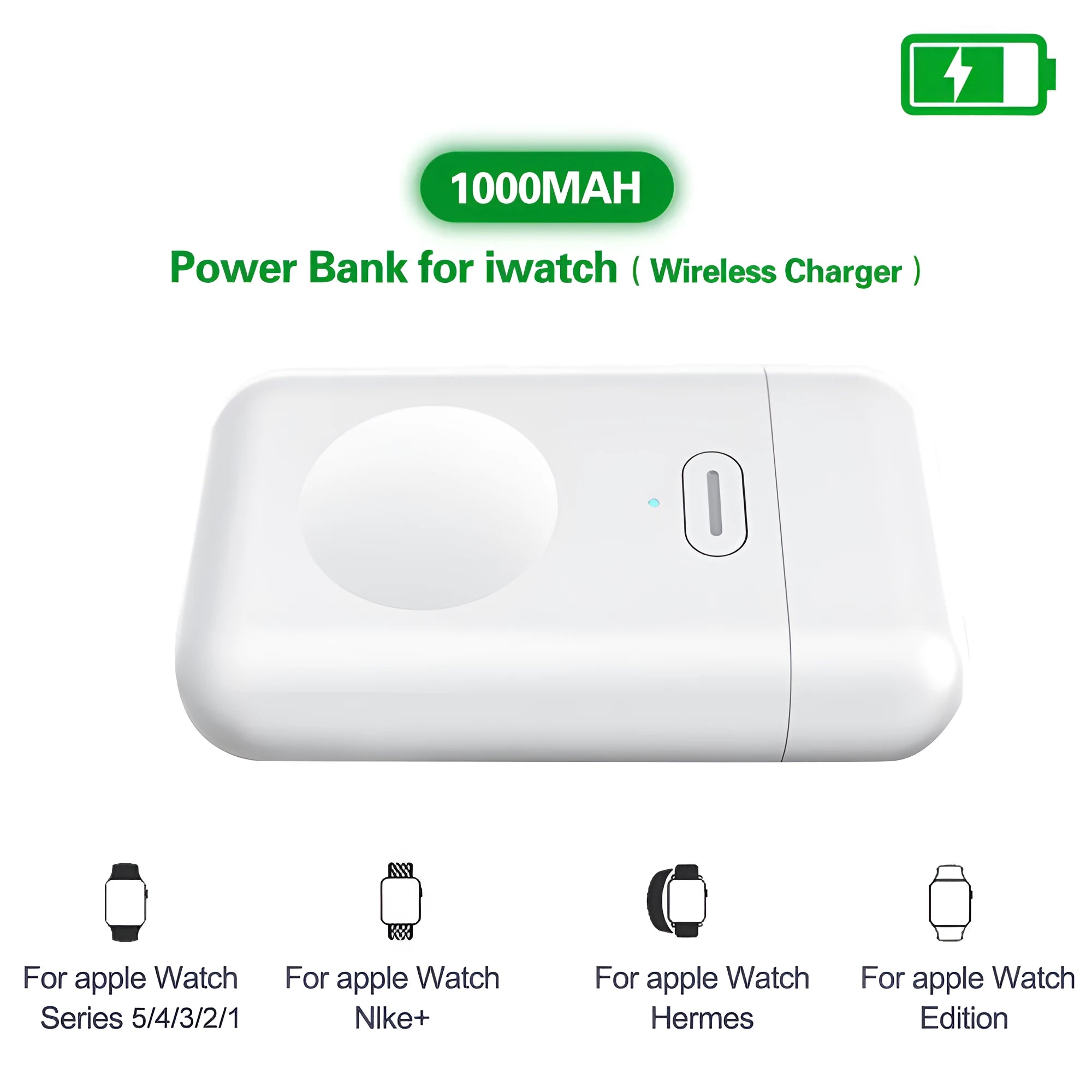 White wireless magnetic portable charger power bank for Apple Watch next to a watch