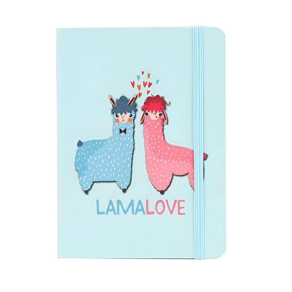 Alpaca cartoon design notepad showing paper cover, available in A5, A6, and A7 sizes