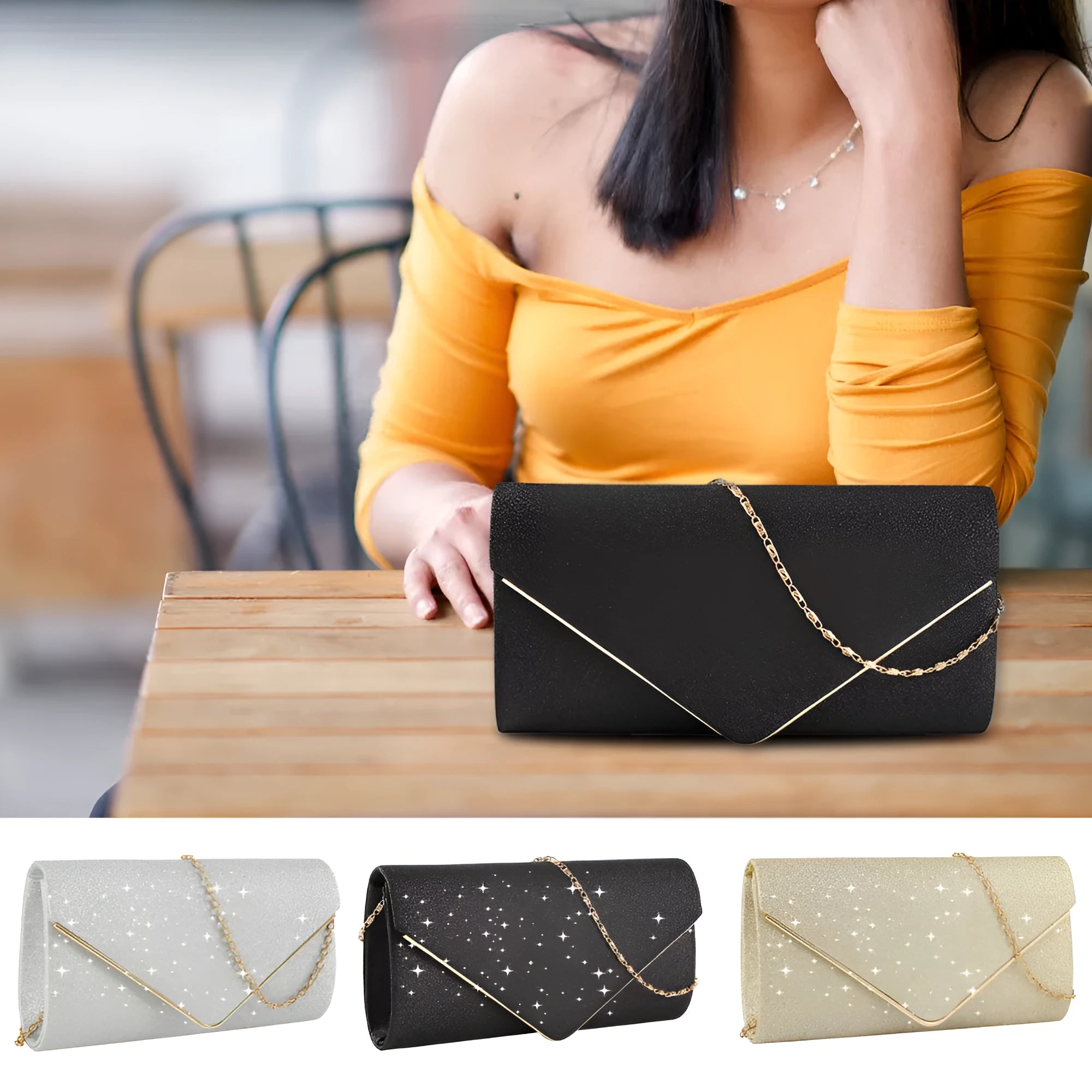 Fabric texture lady handbag in gold/silver/black, 23x12x5 cm compact size