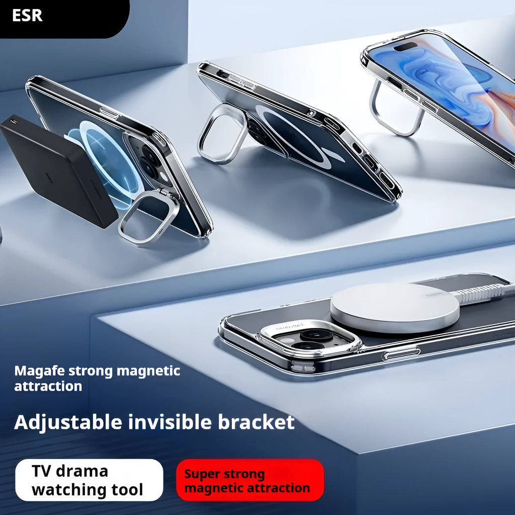 Magnetic phone case Qiahui with invisible bracket for iPhone 15 Pro Max, transparent white TPU
